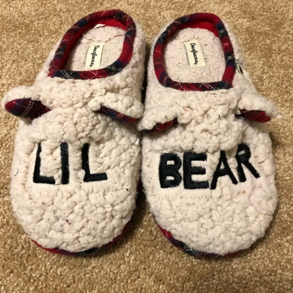 Dearfoams Lil Bear slip on fuzzy Christmas slippers kids size‎ 2/3 Sherpa
